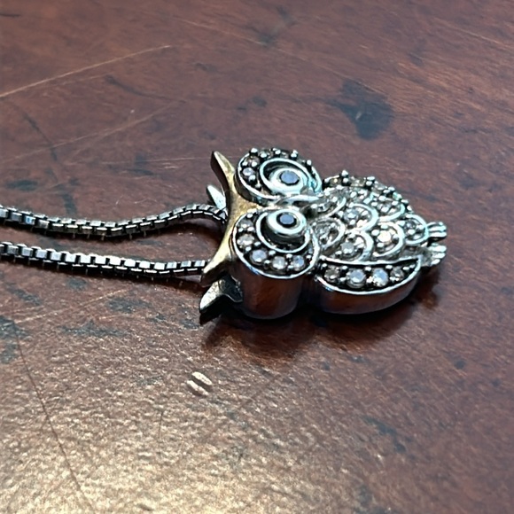 Sterling Silver 14K Gold Diamond Owl Pendant Box Chain Necklace - Picture 8 of 10